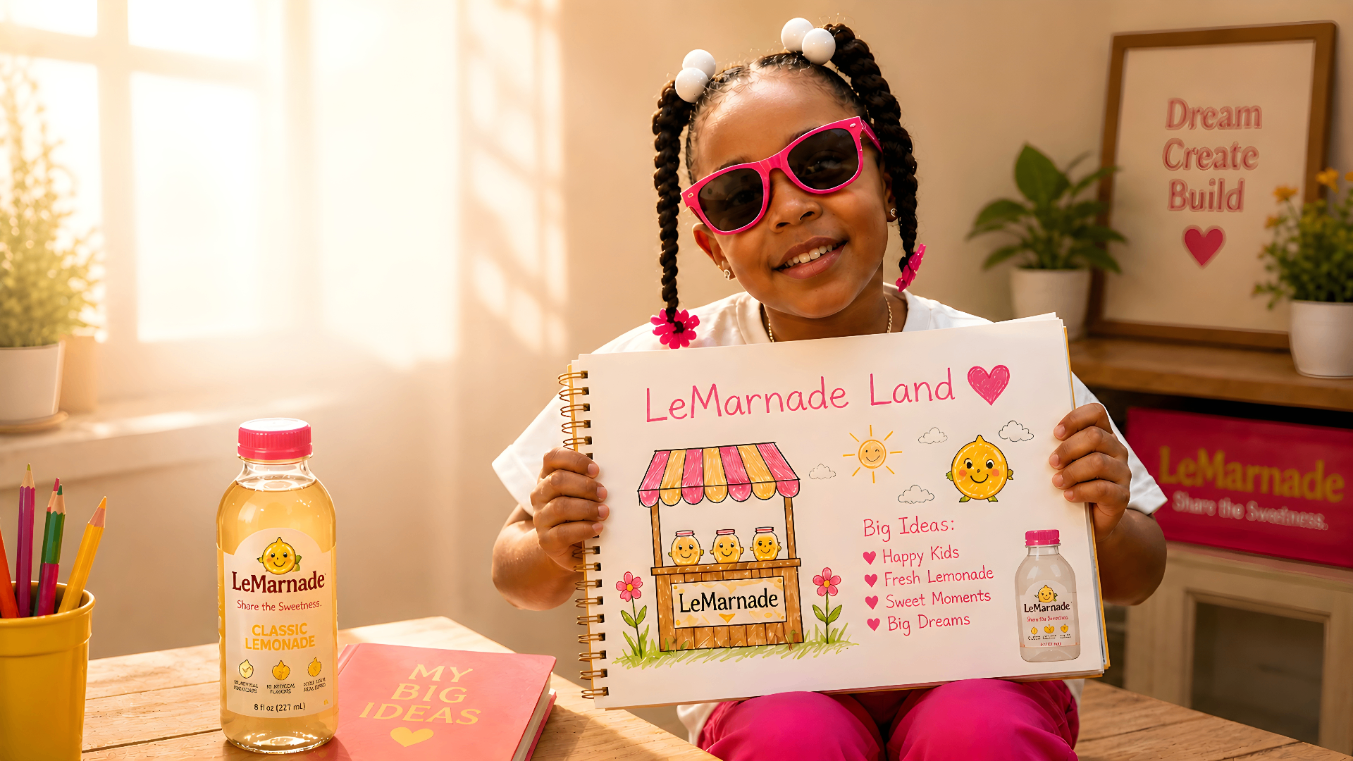 Amaria, founder of LeMarnade, holding her LeMarnade Land sketchbook